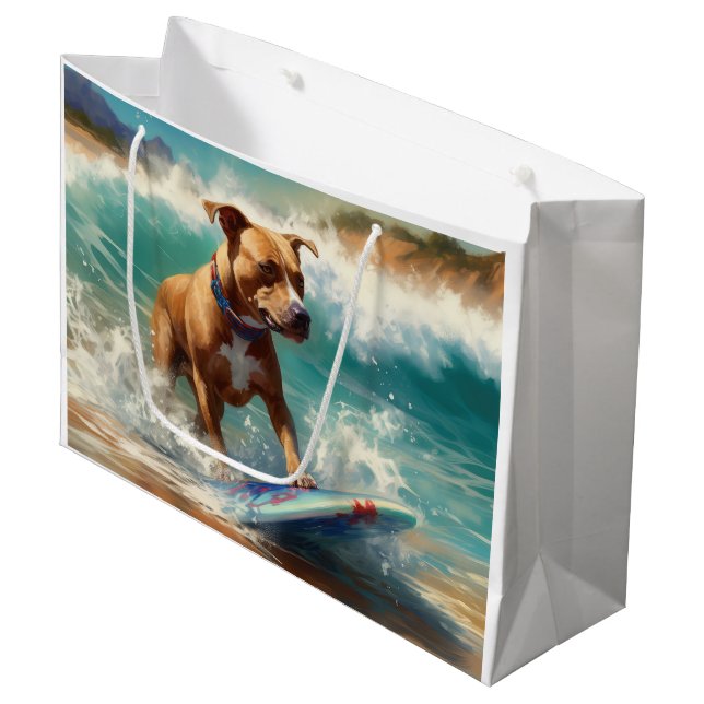 American Staffordshire Beach Surfing Painting  Large Gift Bag (Front Angled)