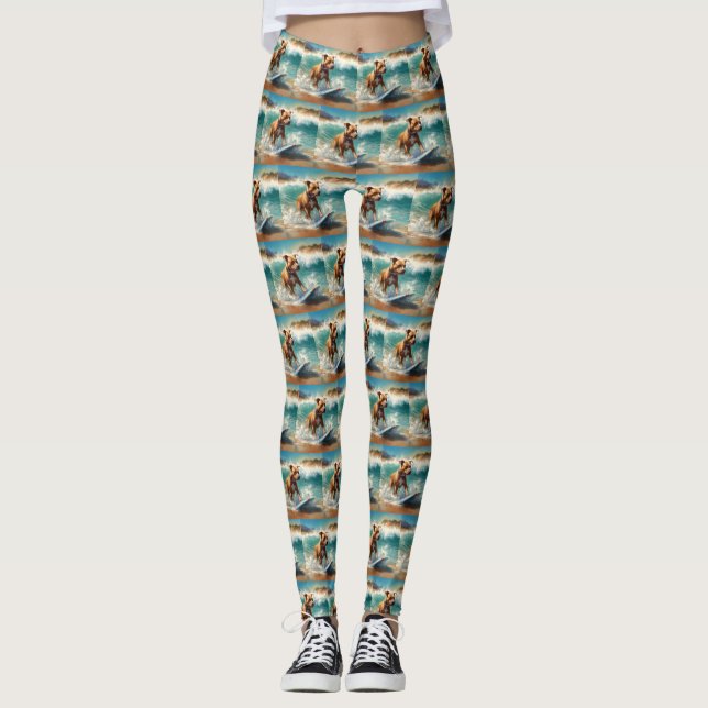 American Staffordshire Beach Surfing Painting  Leggings (Front)
