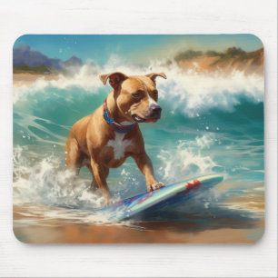 American Staffordshire Beach Surfing Painting  Mouse Mat