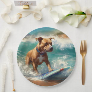 American Staffordshire Beach Surfing Painting  Paper Plate