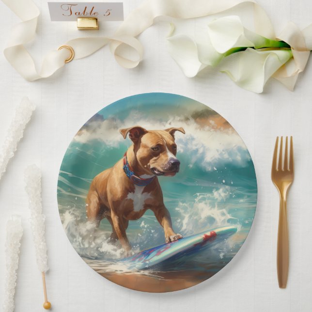 American Staffordshire Beach Surfing Painting  Paper Plate (Wedding)