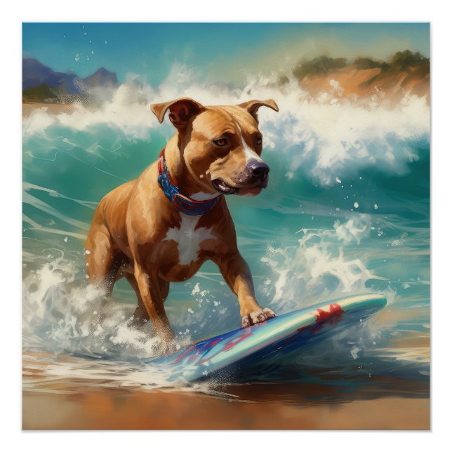 American Staffordshire Beach Surfing Painting  Poster (Front)