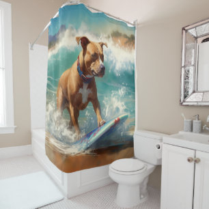 American Staffordshire Beach Surfing Painting  Shower Curtain