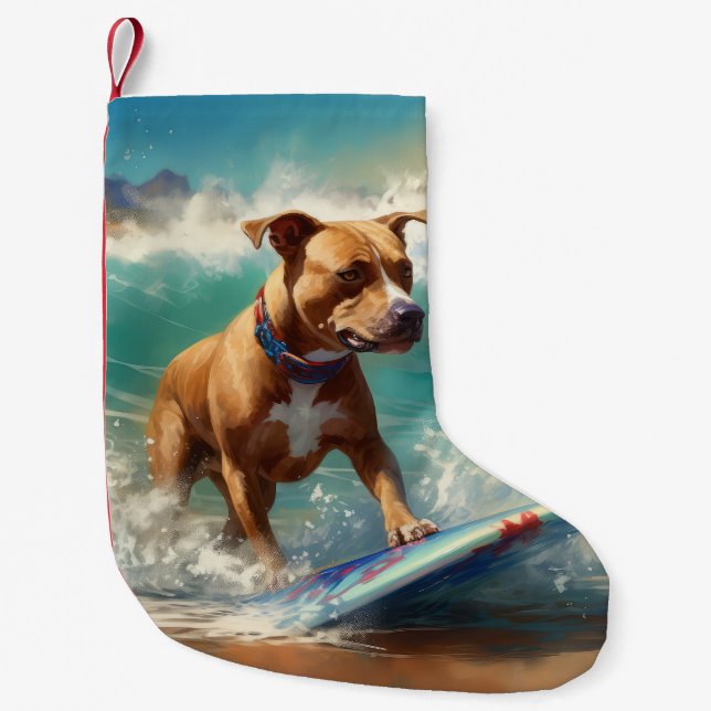 American Staffordshire Beach Surfing Painting  Small Christmas Stocking (Front)