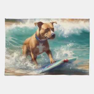 American Staffordshire Beach Surfing Painting Tea Towel