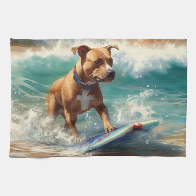 American Staffordshire Beach Surfing Painting  Tea Towel (Horizontal)