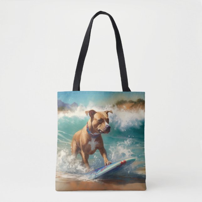 American Staffordshire Beach Surfing Painting  Tote Bag (Front)