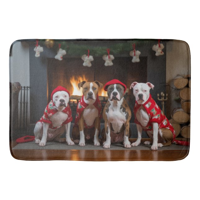 American Staffordshire by the Fireplace Christmas Bath Mat (Front)