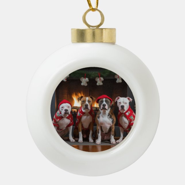 American Staffordshire by the Fireplace Christmas Ceramic Ball Christmas Ornament (Front)