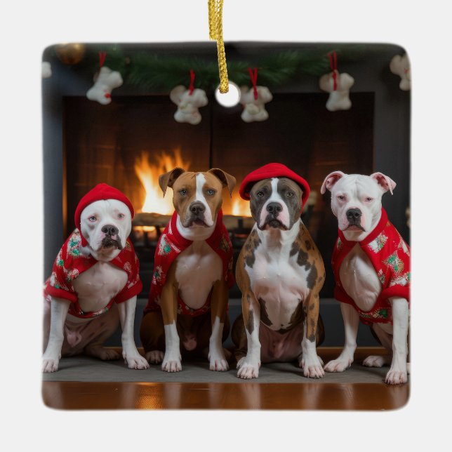 American Staffordshire by the Fireplace Christmas Ceramic Ornament (Front)