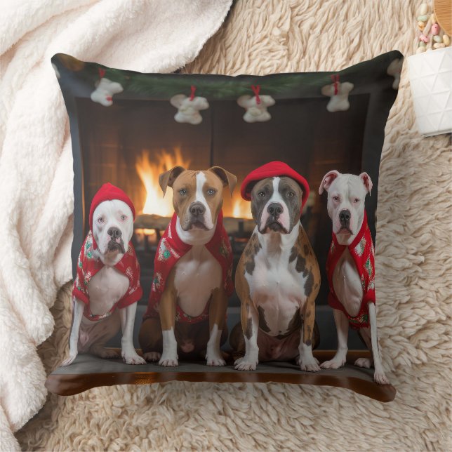 American Staffordshire by the Fireplace Christmas Cushion (Blanket)