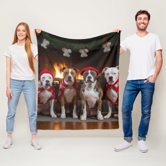 American Staffordshire by the Fireplace Christmas Fleece Blanket (In Situ)