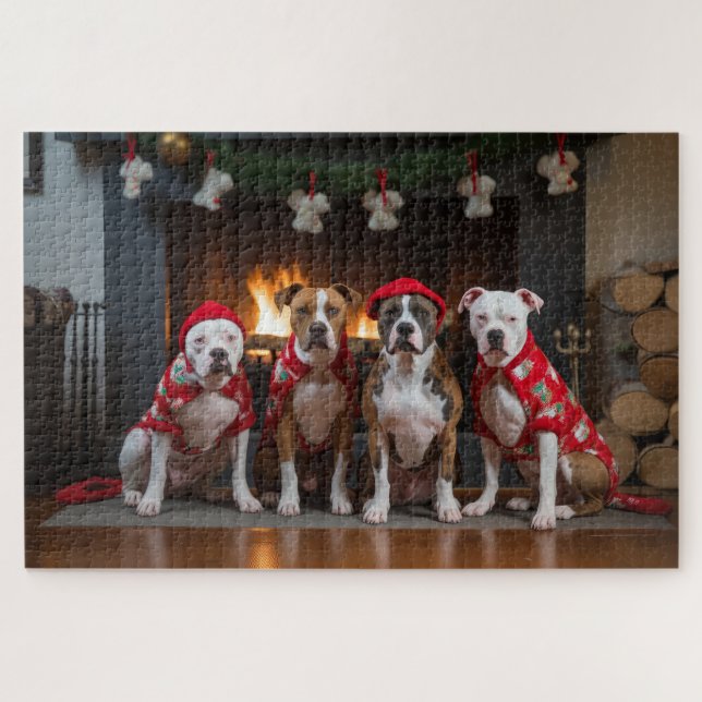 American Staffordshire by the Fireplace Christmas Jigsaw Puzzle (Horizontal)