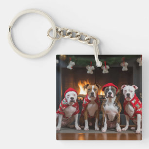American Staffordshire by the Fireplace Christmas Key Ring