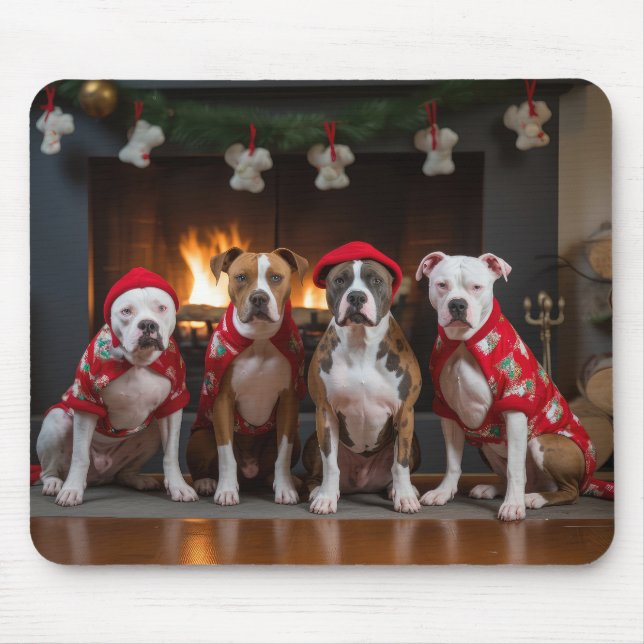 American Staffordshire by the Fireplace Christmas Mouse Mat (Front)