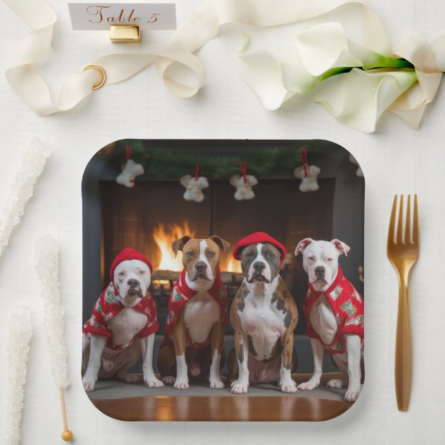American Staffordshire by the Fireplace Christmas Paper Plate (Wedding)
