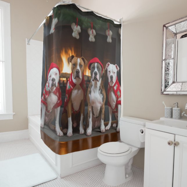 American Staffordshire by the Fireplace Christmas Shower Curtain (In Situ)