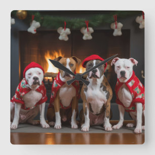 American Staffordshire by the Fireplace Christmas Square Wall Clock