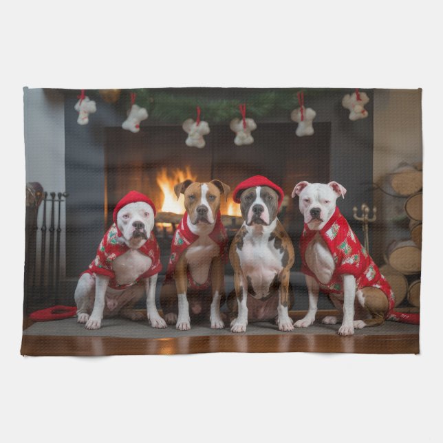 American Staffordshire by the Fireplace Christmas Tea Towel (Horizontal)