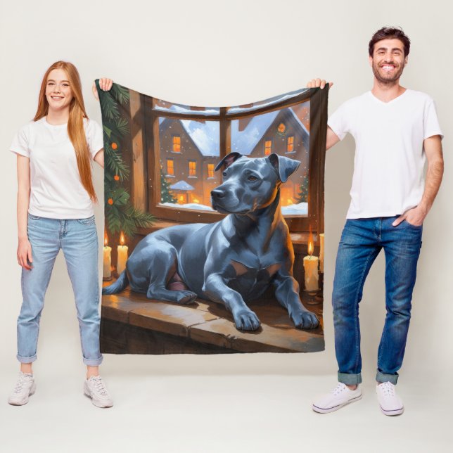 American Staffordshire Christmas Lights Holiday Fleece Blanket (In Situ)