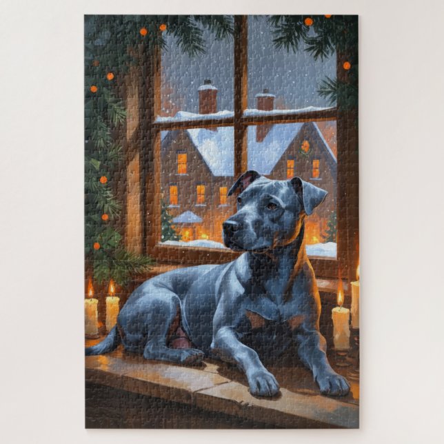 American Staffordshire Christmas Lights Holiday Jigsaw Puzzle (Vertical)