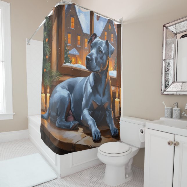 American Staffordshire Christmas Lights Holiday Shower Curtain (In Situ)