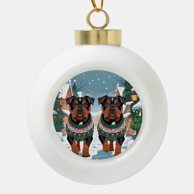 American Staffordshire Christmas Snow Holiday  Ceramic Ball Christmas Ornament (Front)
