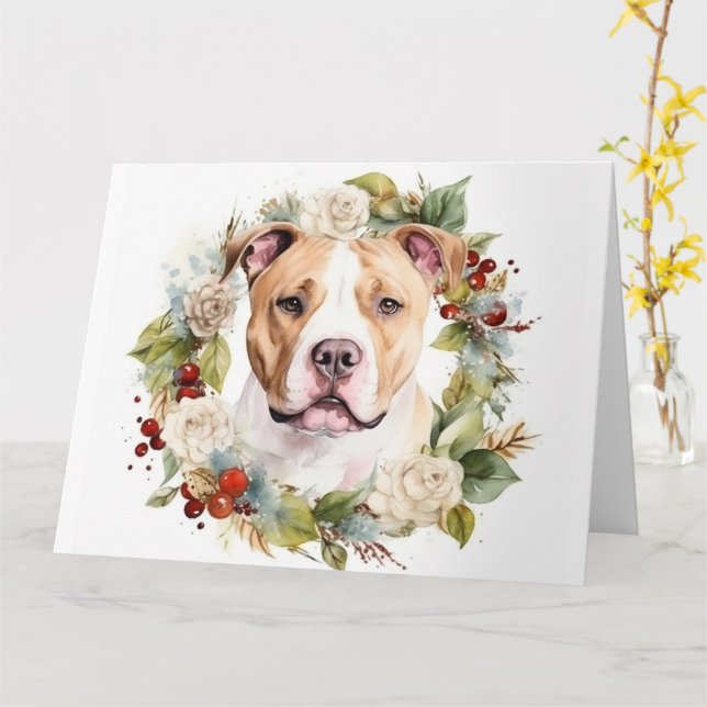 American Staffordshire Christmas Wreath Festive Card (Yellow Flower)
