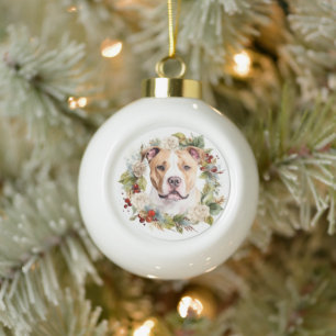 American Staffordshire Christmas Wreath Festive Ceramic Ball Christmas Ornament