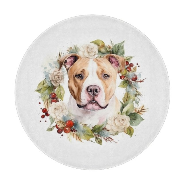 American Staffordshire Christmas Wreath Festive Cutting Board (Front)