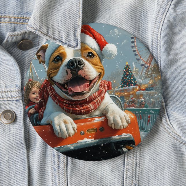 American Staffordshire Dog Christmas 6 Cm Round Badge (In Situ)