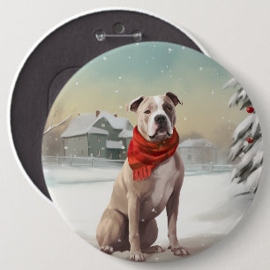 American Staffordshire Dog in Snow Christmas 6 Cm Round Badge