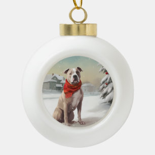 American Staffordshire Dog in Snow Christmas  Ceramic Ball Christmas Ornament