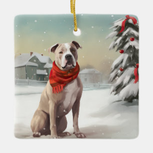American Staffordshire Dog in Snow Christmas  Ceramic Ornament