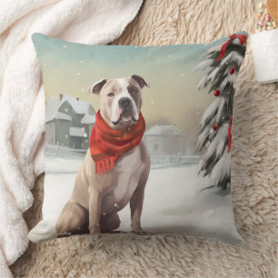 American Staffordshire Dog in Snow Christmas  Cushion