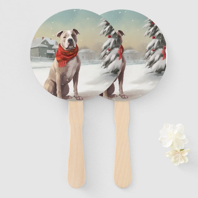 American Staffordshire Dog in Snow Christmas  Hand Fan (Front and Back)