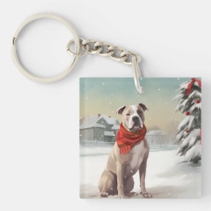 American Staffordshire Dog in Snow Christmas  Key Ring