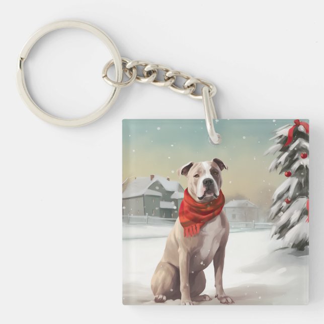 American Staffordshire Dog in Snow Christmas  Key Ring (Front)