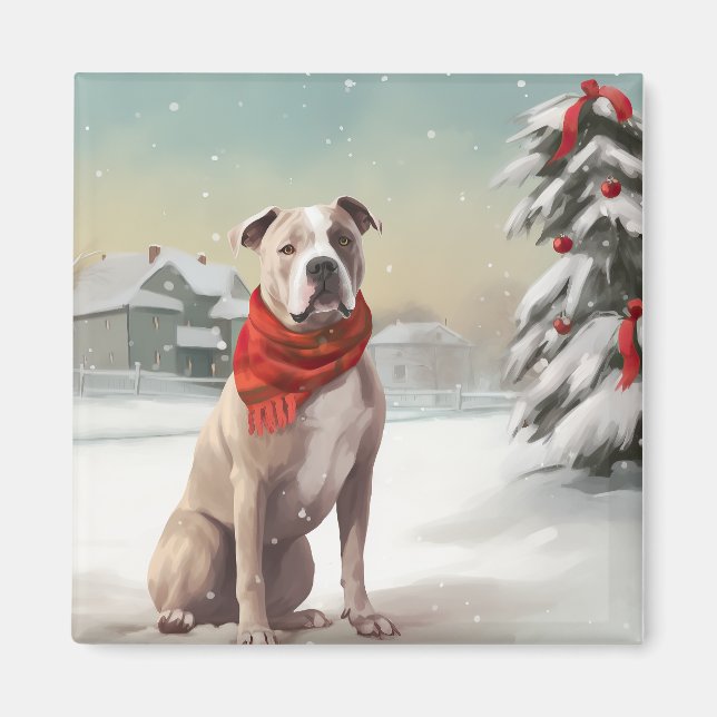 American Staffordshire Dog in Snow Christmas  Magnet (Front)