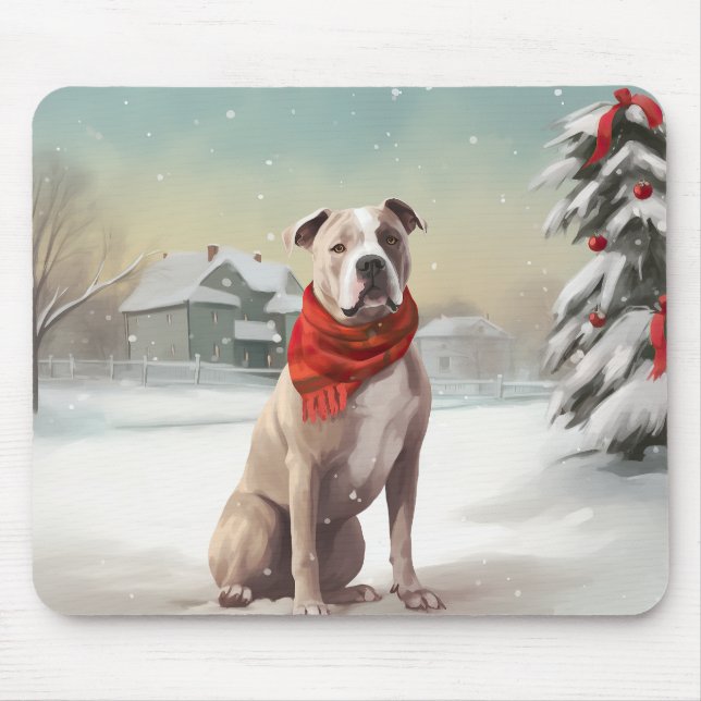 American Staffordshire Dog in Snow Christmas  Mouse Mat (Front)