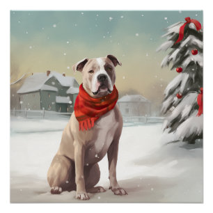American Staffordshire Dog in Snow Christmas Poster