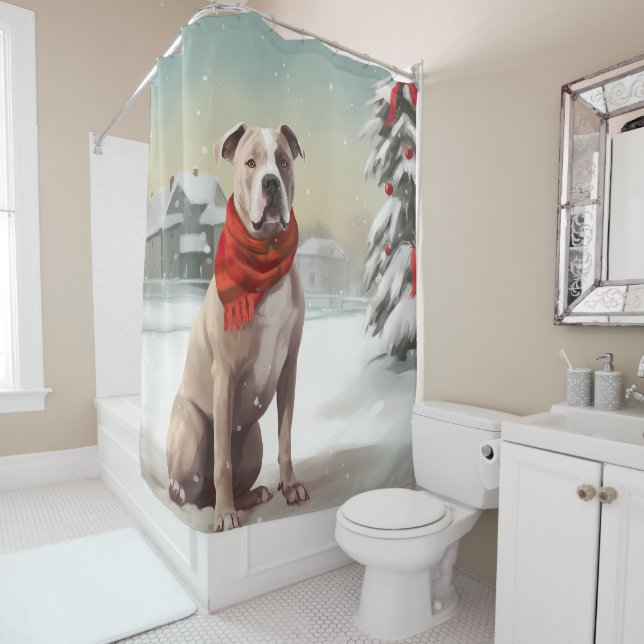 American Staffordshire Dog in Snow Christmas  Shower Curtain (In Situ)