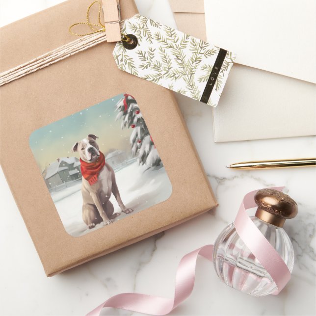 American Staffordshire Dog in Snow Christmas  Square Sticker (Gifting)