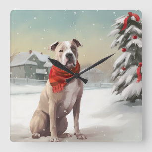 American Staffordshire Dog in Snow Christmas Square Wall Clock