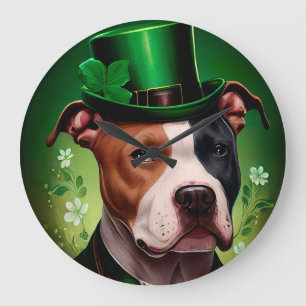 American Staffordshire dog in St. Patrick's Da Large Clock