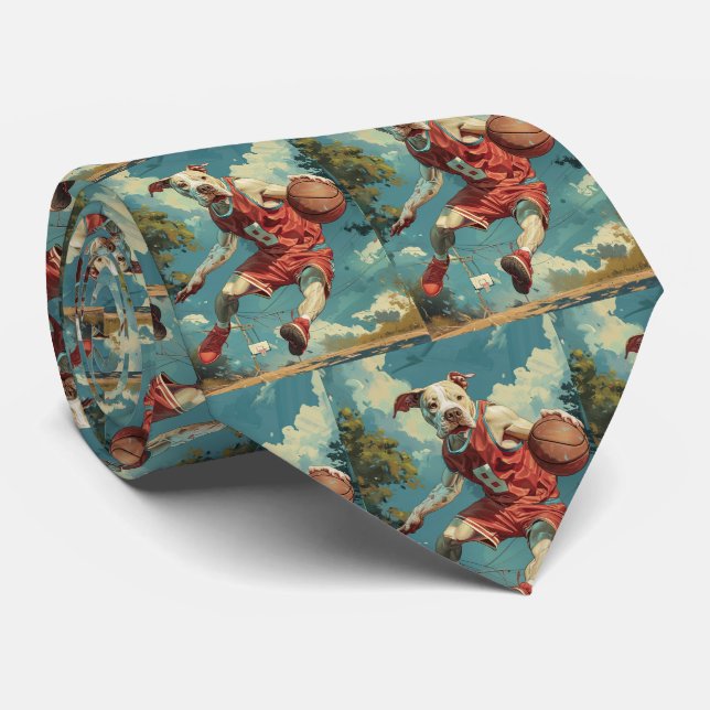 American Staffordshire Dog Playing Basketball Tie (Rolled)