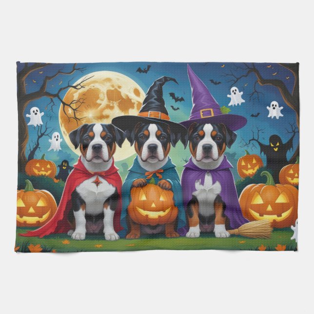 American Staffordshire Dog Pumpkin Halloween Funny Tea Towel (Horizontal)