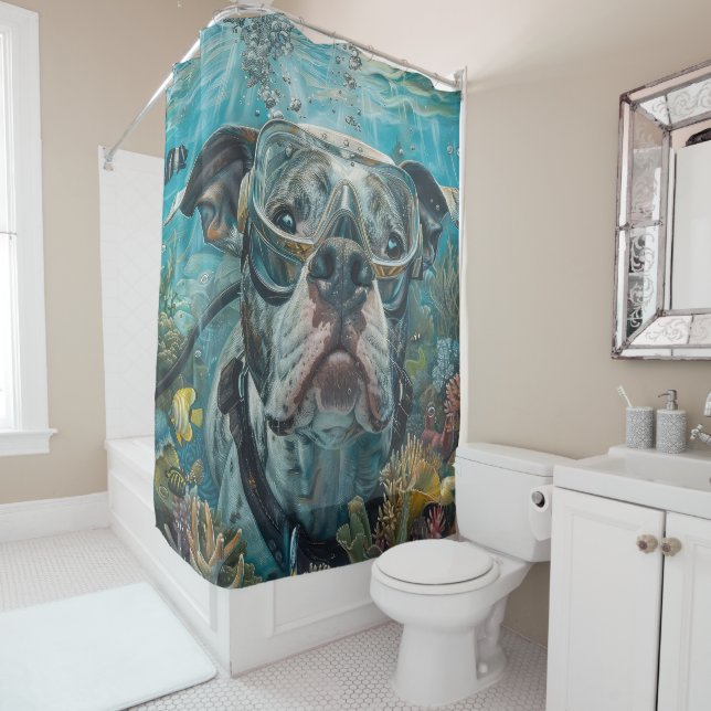 American Staffordshire Dog Scuba Diving Underwater Shower Curtain (In Situ)