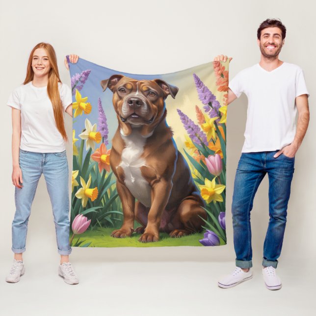 American Staffordshire Dog Spring Flowers Painting Fleece Blanket (In Situ)