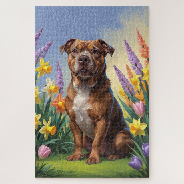American Staffordshire Dog Spring Flowers Painting Jigsaw Puzzle (Vertical)